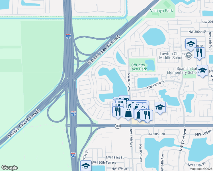 map of restaurants, bars, coffee shops, grocery stores, and more near 19251 Northwest 88th Court in Hialeah