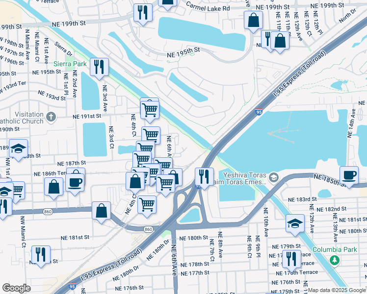 map of restaurants, bars, coffee shops, grocery stores, and more near 18701 Northeast 6th Avenue in Miami