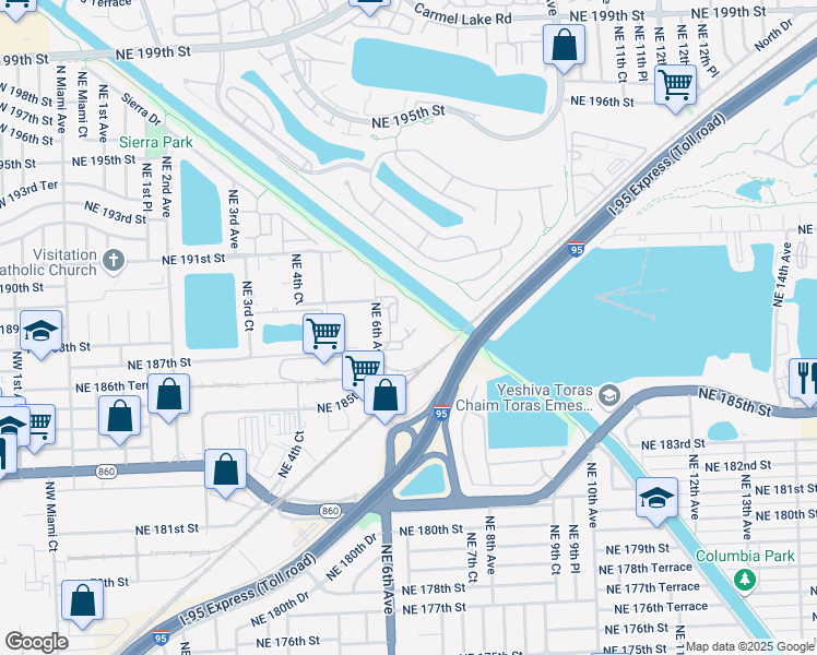 map of restaurants, bars, coffee shops, grocery stores, and more near 18701 Northeast 6th Avenue in Miami