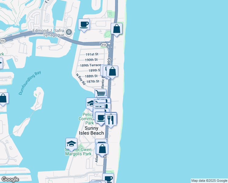 map of restaurants, bars, coffee shops, grocery stores, and more near 18671 Collins Avenue in Sunny Isles Beach