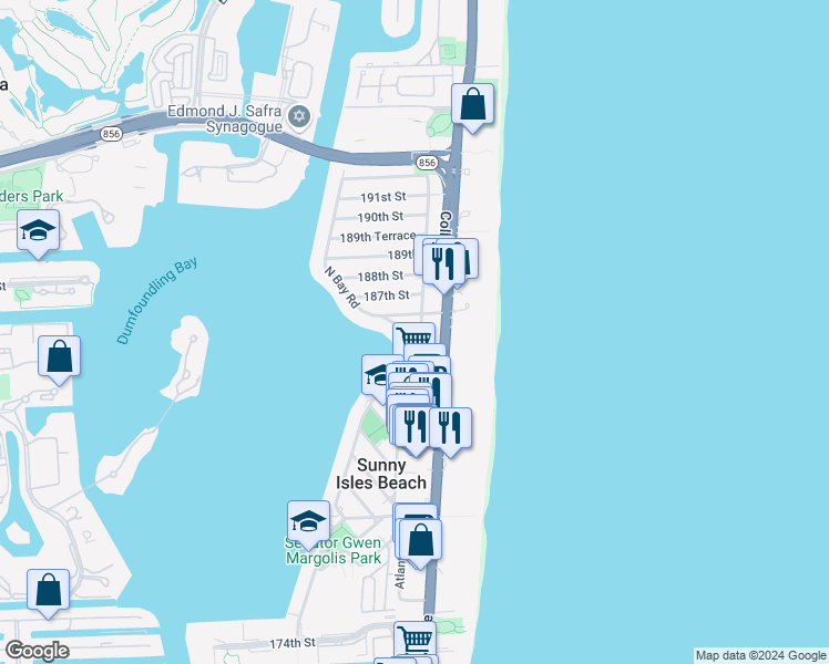 map of restaurants, bars, coffee shops, grocery stores, and more near 221 186th Street in Sunny Isles Beach