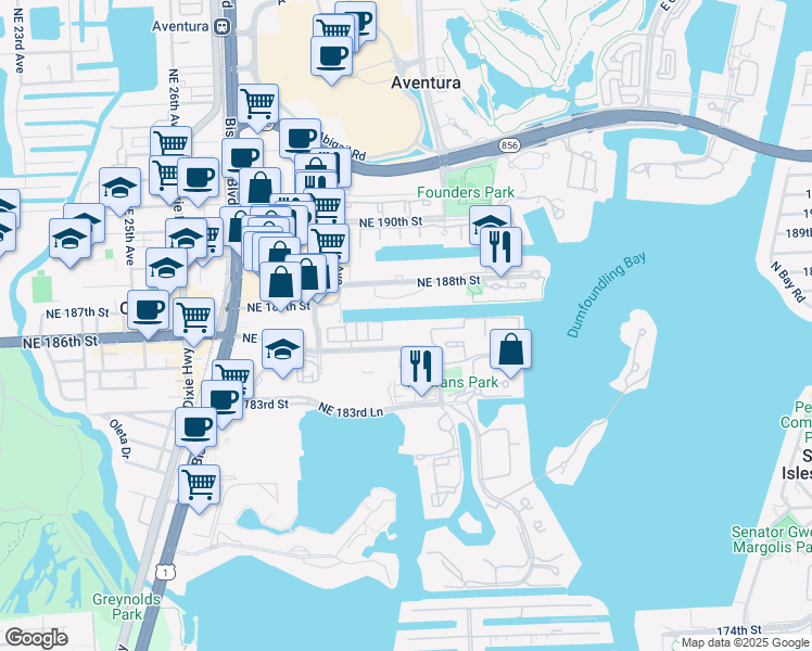 map of restaurants, bars, coffee shops, grocery stores, and more near 2950 Northeast 188th Street in Aventura