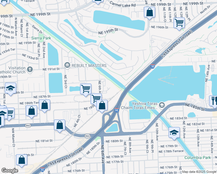 map of restaurants, bars, coffee shops, grocery stores, and more near 18701 Northeast 6th Avenue in Miami