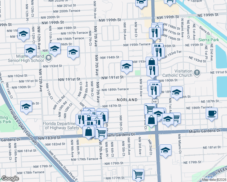 map of restaurants, bars, coffee shops, grocery stores, and more near 570 Northwest 190th Street in Miami