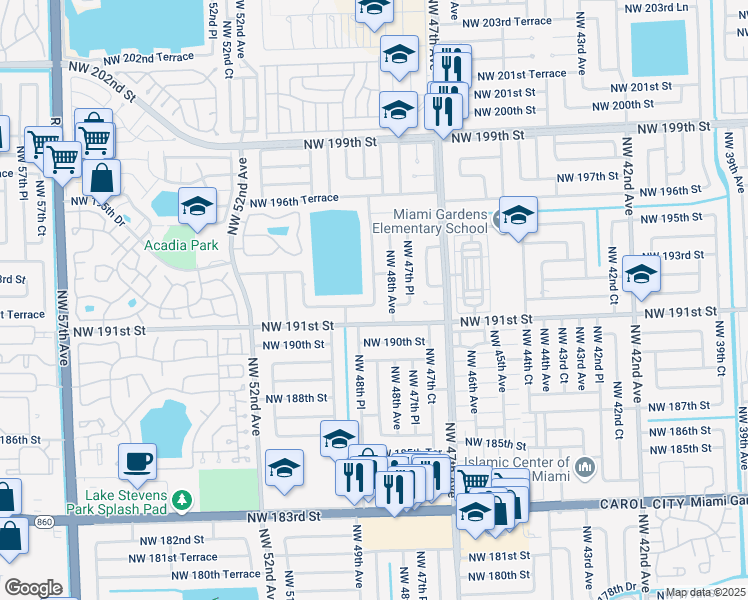 map of restaurants, bars, coffee shops, grocery stores, and more near 19230 Northwest 48th Court in Miami Gardens