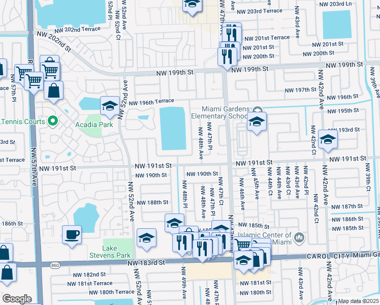 map of restaurants, bars, coffee shops, grocery stores, and more near 19230 Northwest 48th Court in Miami Gardens