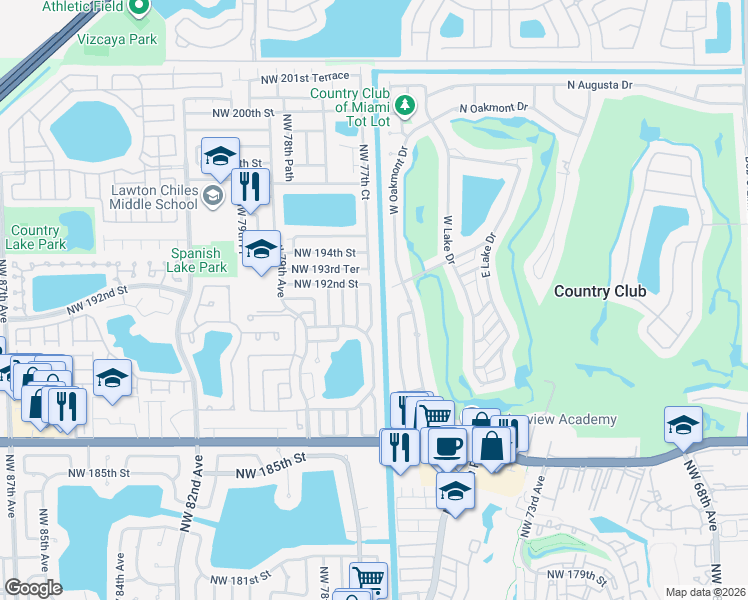map of restaurants, bars, coffee shops, grocery stores, and more near 7725 Northwest 192nd Street in Hialeah
