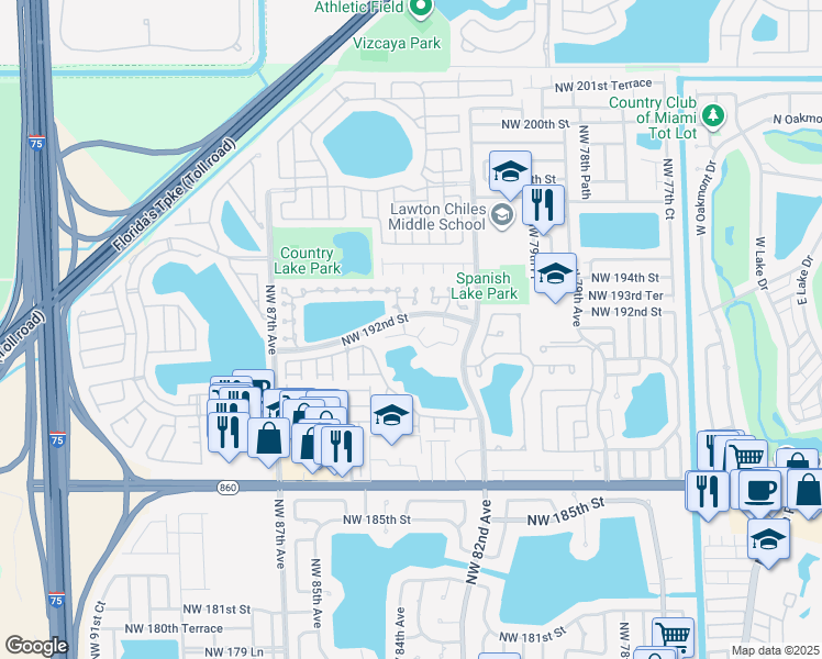 map of restaurants, bars, coffee shops, grocery stores, and more near 19310 Northwest 82nd Court in Hialeah