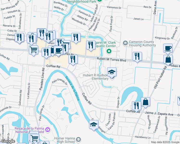 map of restaurants, bars, coffee shops, grocery stores, and more near 1170 Ceiba Circle in Brownsville