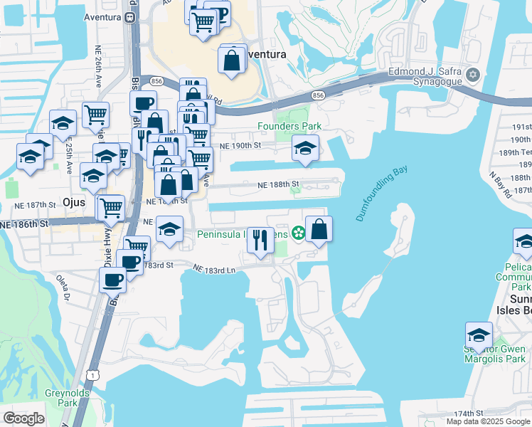 map of restaurants, bars, coffee shops, grocery stores, and more near 3125 Northeast 184th Street in North Miami Beach