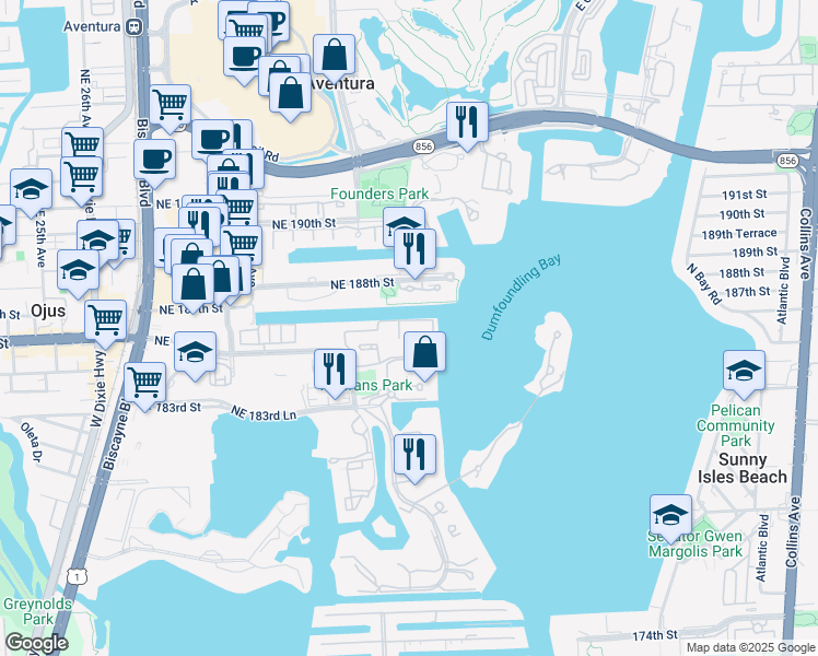 map of restaurants, bars, coffee shops, grocery stores, and more near 3300 Northeast 188th Street in Aventura