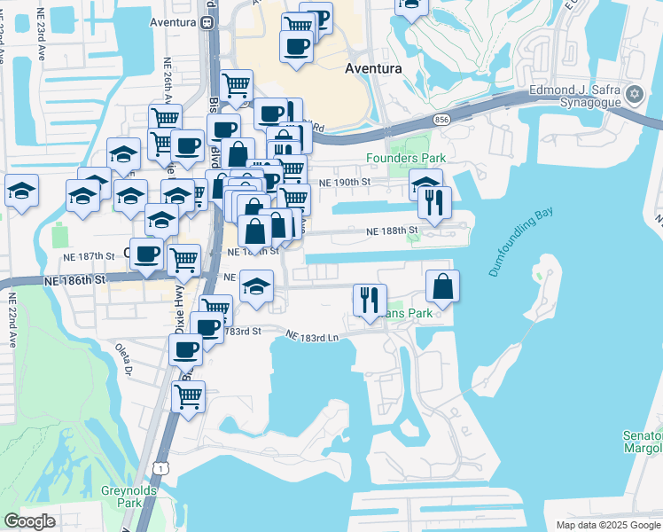 map of restaurants, bars, coffee shops, grocery stores, and more near 2950 Northeast 188th Street in Aventura