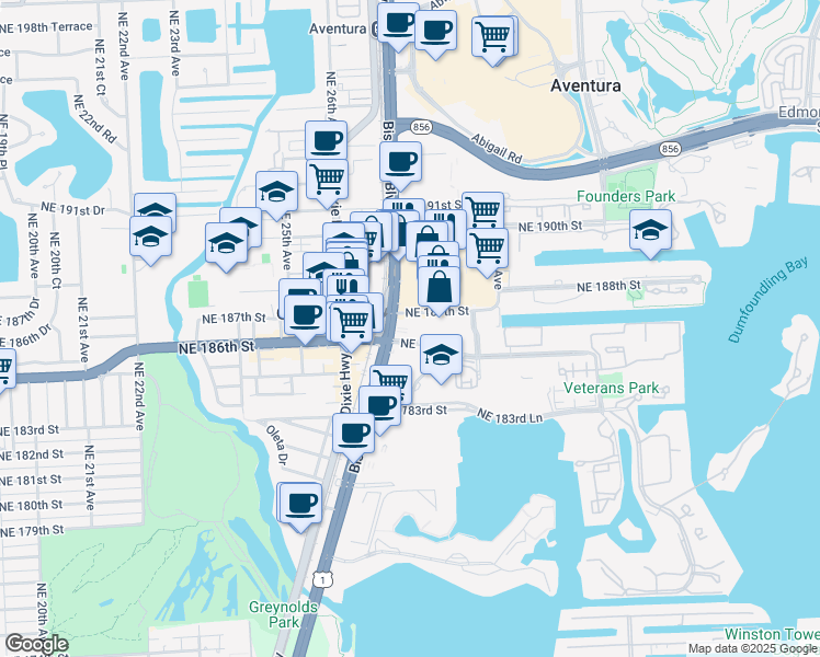 map of restaurants, bars, coffee shops, grocery stores, and more near in Aventura
