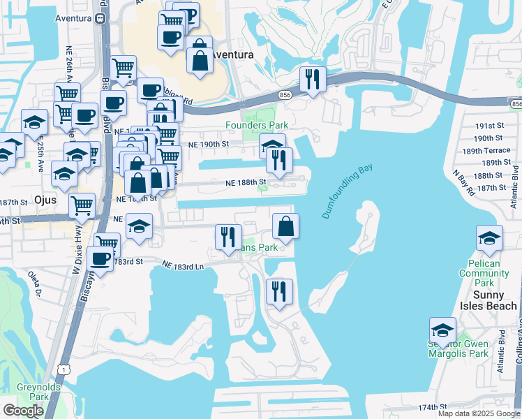 map of restaurants, bars, coffee shops, grocery stores, and more near 3030 Northeast 188th Street in Aventura