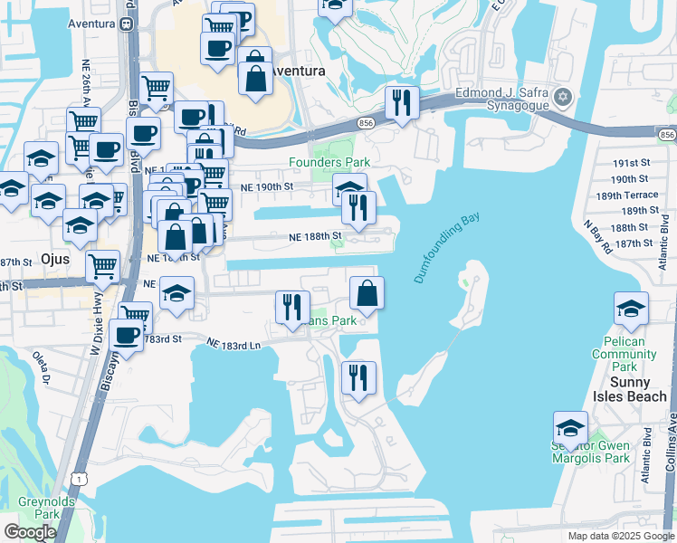 map of restaurants, bars, coffee shops, grocery stores, and more near 3030 Northeast 188th Street in Aventura