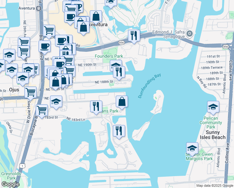 map of restaurants, bars, coffee shops, grocery stores, and more near 3300 Northeast 188th Street in Aventura