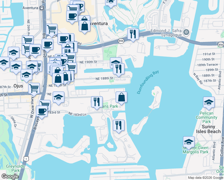 map of restaurants, bars, coffee shops, grocery stores, and more near 3030 Northeast 188th Street in Aventura