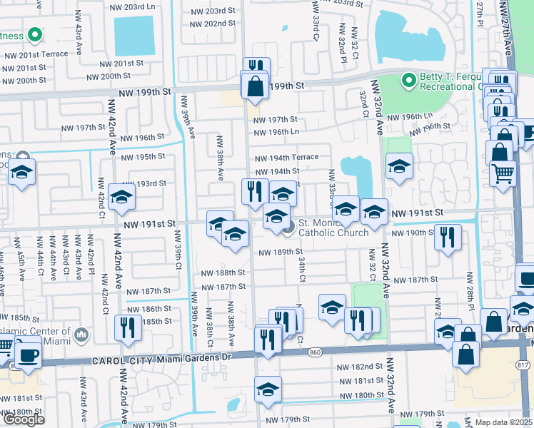 map of restaurants, bars, coffee shops, grocery stores, and more near 19143 Northwest 36th Avenue in Miami Gardens