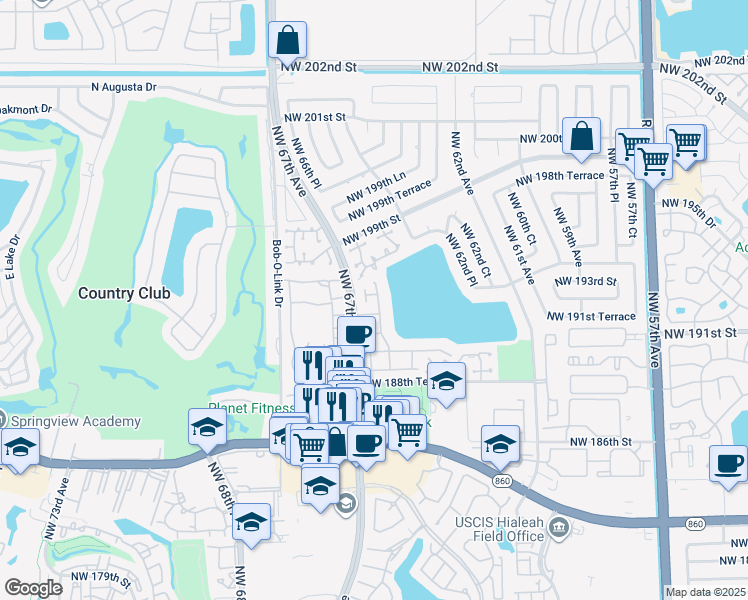 map of restaurants, bars, coffee shops, grocery stores, and more near 6572 Northwest 197th Lane in Hialeah