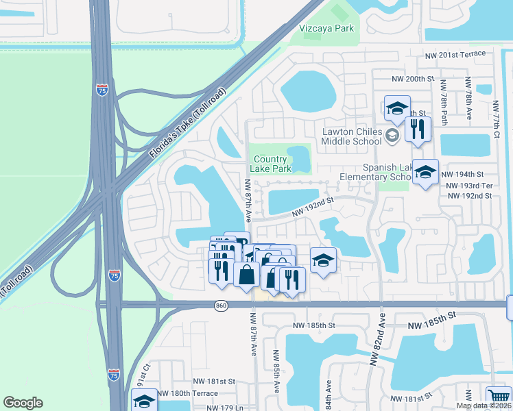map of restaurants, bars, coffee shops, grocery stores, and more near 19303 Northwest 86th Avenue in Hialeah
