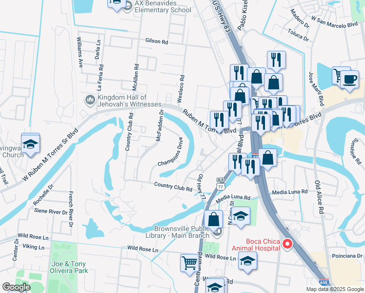 map of restaurants, bars, coffee shops, grocery stores, and more near 449 Champions Drive in Brownsville