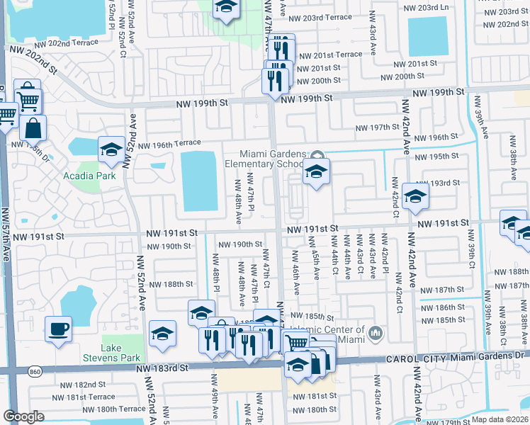 map of restaurants, bars, coffee shops, grocery stores, and more near 19251 Northwest 47th Court in Miami Gardens