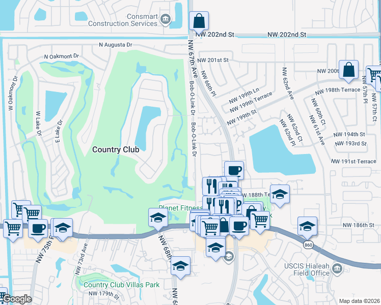 map of restaurants, bars, coffee shops, grocery stores, and more near 19342 Northwest 67th Place in Hialeah