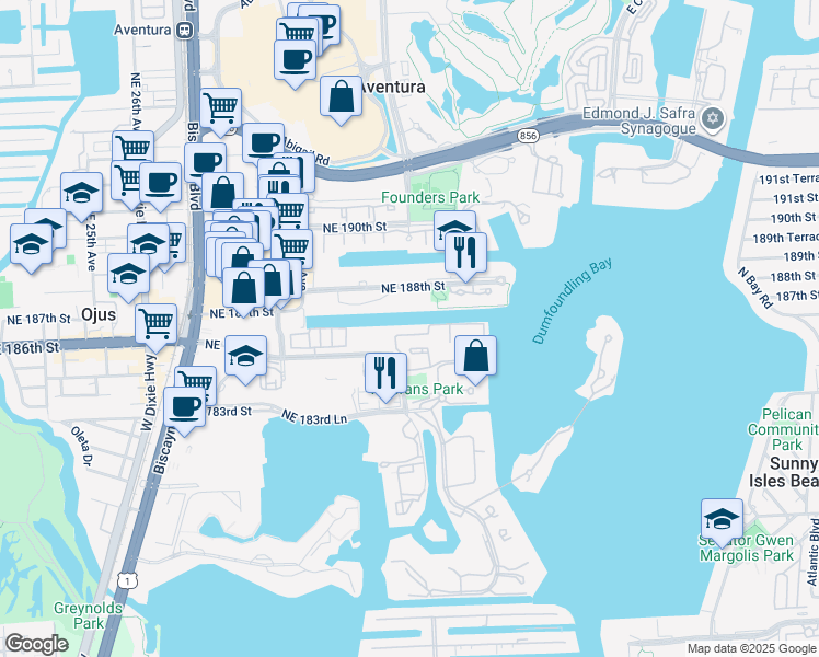 map of restaurants, bars, coffee shops, grocery stores, and more near 3175 Northeast 184th Street in North Miami Beach