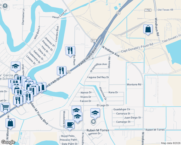 map of restaurants, bars, coffee shops, grocery stores, and more near 2680 North Vermillion Avenue in Brownsville