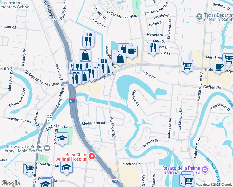 map of restaurants, bars, coffee shops, grocery stores, and more near 54 Country Club Road in Brownsville