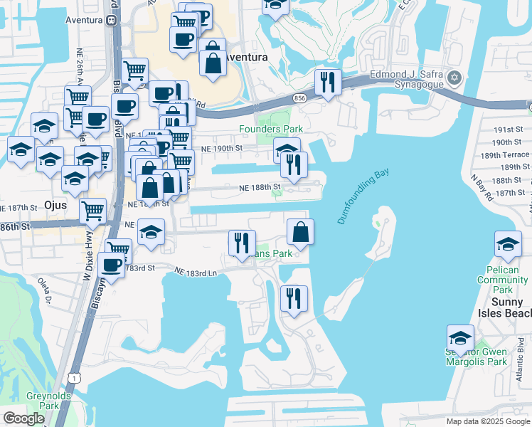 map of restaurants, bars, coffee shops, grocery stores, and more near 3030 Northeast 188th Street in Aventura