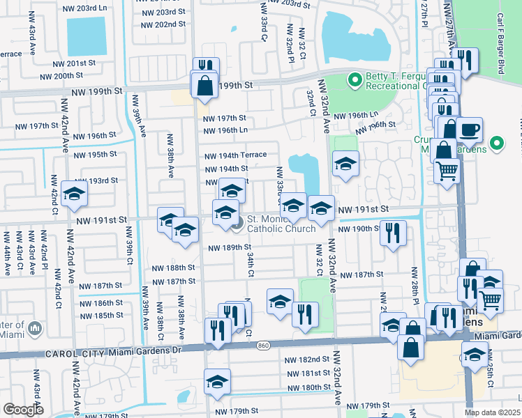 map of restaurants, bars, coffee shops, grocery stores, and more near 19171 Northwest 33rd Place in Miami Gardens