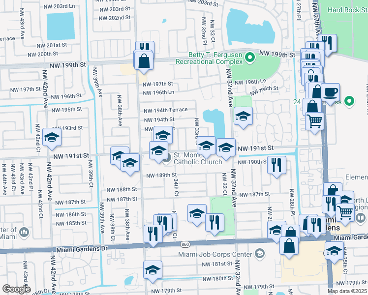 map of restaurants, bars, coffee shops, grocery stores, and more near 19171 Northwest 33rd Place in Miami Gardens