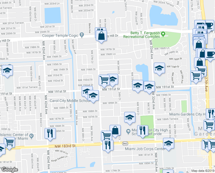map of restaurants, bars, coffee shops, grocery stores, and more near 19143 Northwest 36th Avenue in Miami Gardens