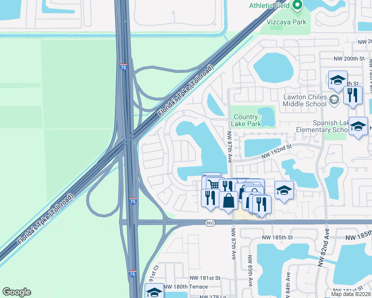 map of restaurants, bars, coffee shops, grocery stores, and more near 19251 Northwest 88th Court in Hialeah