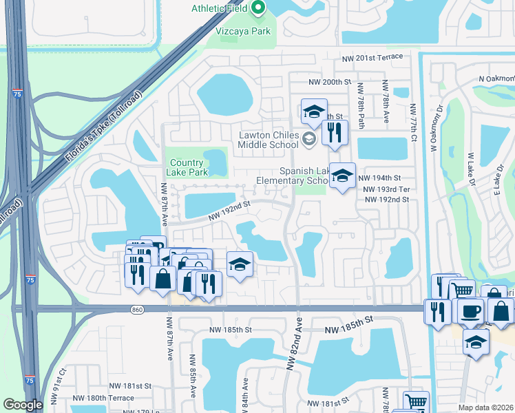 map of restaurants, bars, coffee shops, grocery stores, and more near 19310 Northwest 82nd Court in Hialeah
