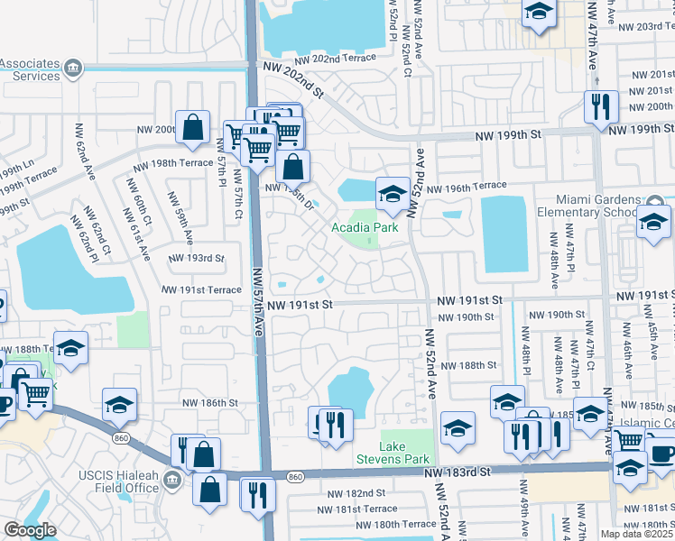 map of restaurants, bars, coffee shops, grocery stores, and more near 19343 Northwest 54th Court in Miami Gardens