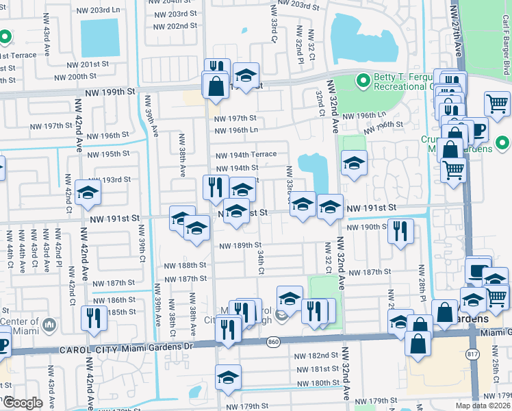 map of restaurants, bars, coffee shops, grocery stores, and more near 19143 Northwest 34th Court in Miami Gardens