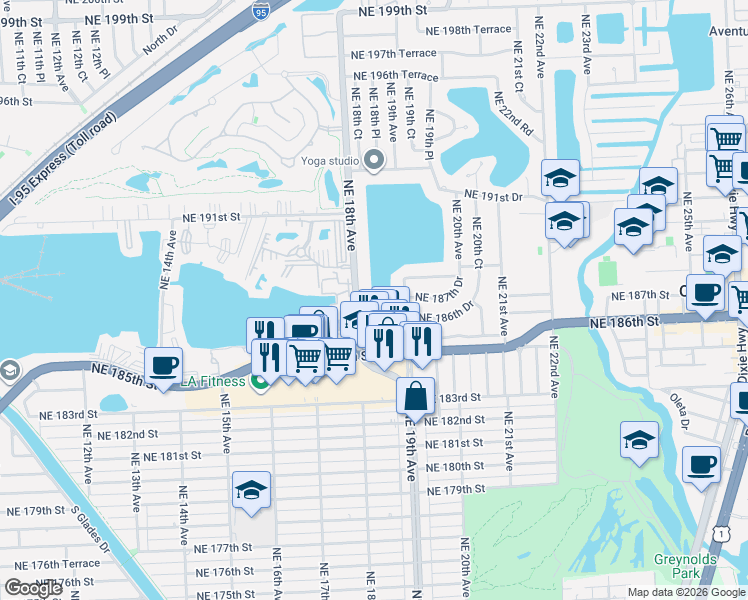 map of restaurants, bars, coffee shops, grocery stores, and more near 18725 Northeast 18th Avenue in North Miami Beach