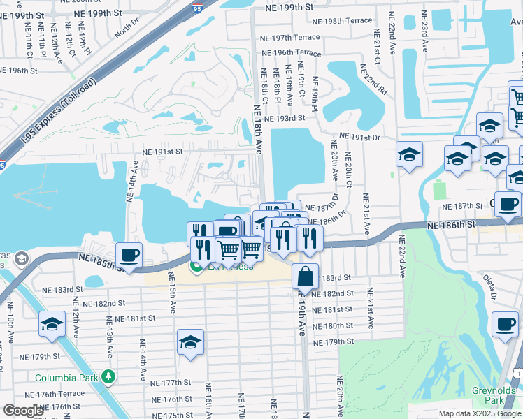 map of restaurants, bars, coffee shops, grocery stores, and more near 18746 Northeast 18th Avenue in Miami