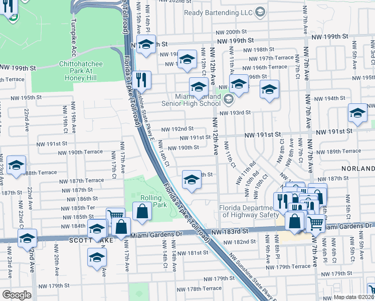 map of restaurants, bars, coffee shops, grocery stores, and more near 1341 Northwest 190th Street in Miami