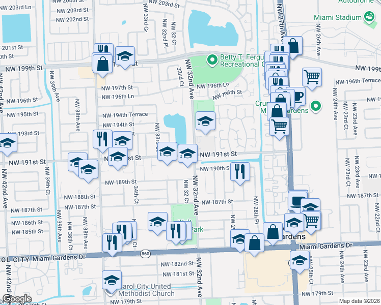 map of restaurants, bars, coffee shops, grocery stores, and more near 3221 Northwest 191st Street in Miami Gardens