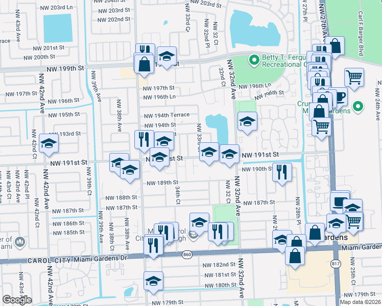 map of restaurants, bars, coffee shops, grocery stores, and more near 19171 Northwest 33rd Place in Miami Gardens