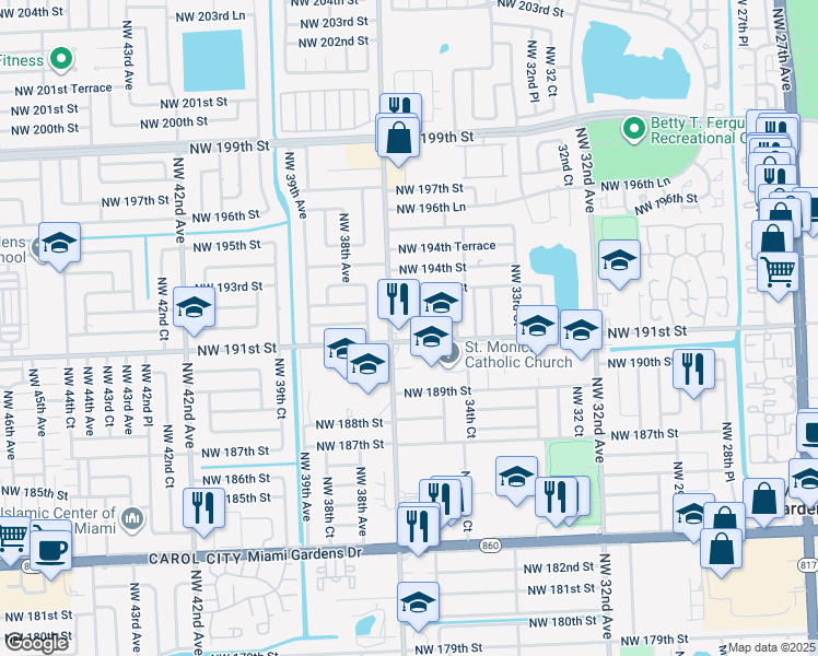 map of restaurants, bars, coffee shops, grocery stores, and more near 19143 Northwest 36th Avenue in Miami Gardens
