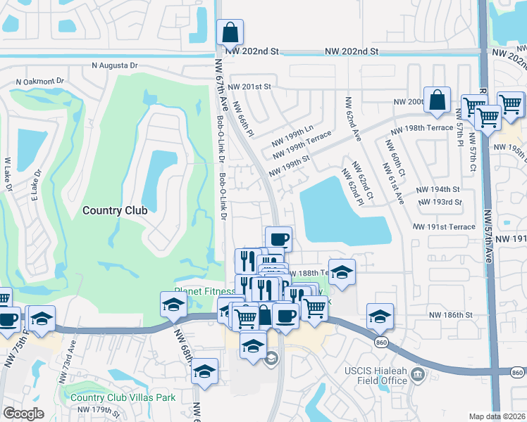 map of restaurants, bars, coffee shops, grocery stores, and more near 6724 Northwest 193rd Terrace in Hialeah