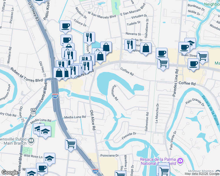 map of restaurants, bars, coffee shops, grocery stores, and more near 745 Sunshine Road in Brownsville