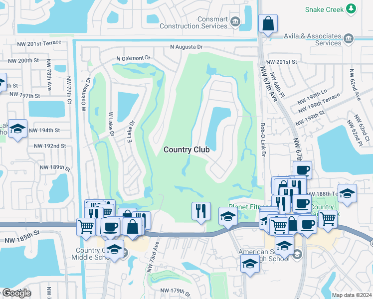 map of restaurants, bars, coffee shops, grocery stores, and more near in Country Club