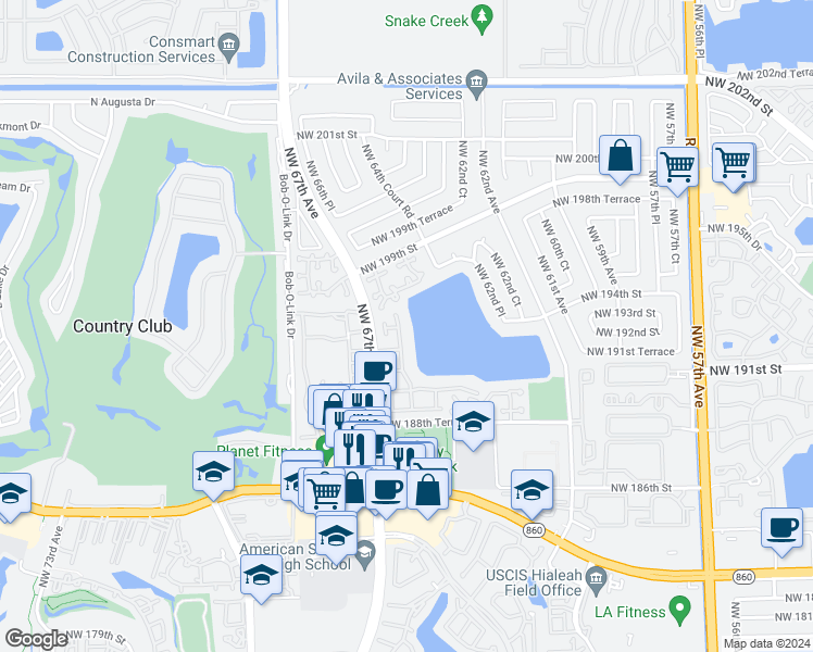 map of restaurants, bars, coffee shops, grocery stores, and more near 19245 Northwest 64th Court in Hialeah