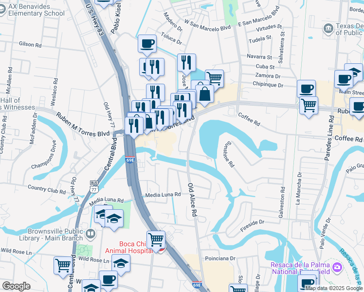 map of restaurants, bars, coffee shops, grocery stores, and more near 3005 Old Alice Road in Brownsville