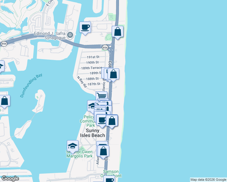 map of restaurants, bars, coffee shops, grocery stores, and more near 18600 Collins Avenue in Sunny Isles Beach